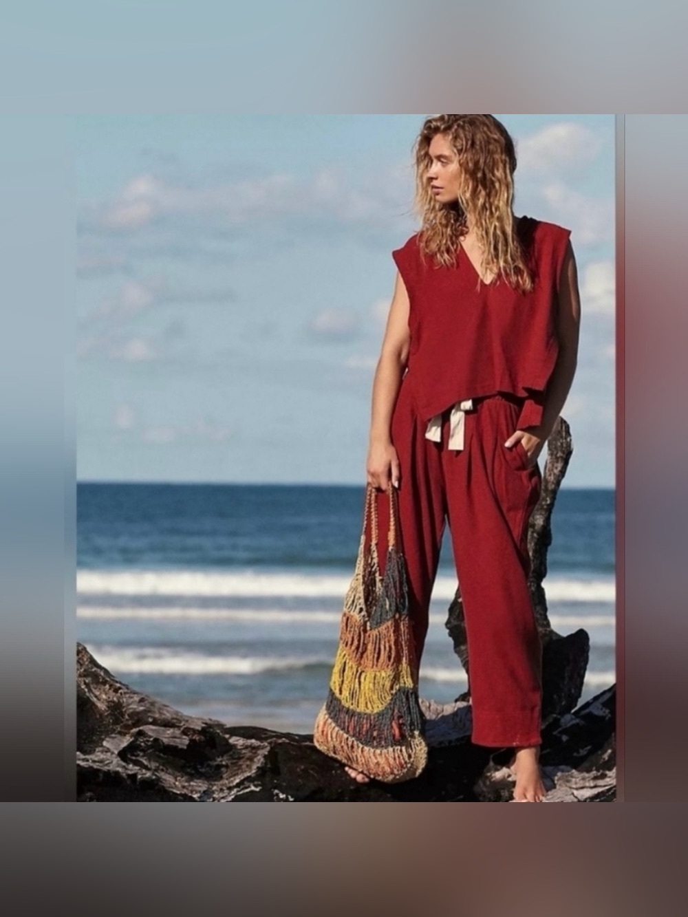 FREE PEOPLE Beach Wide Leg Cropped Day Tripper Pants Ribbed Red Size Medium - Picture 2 of 16